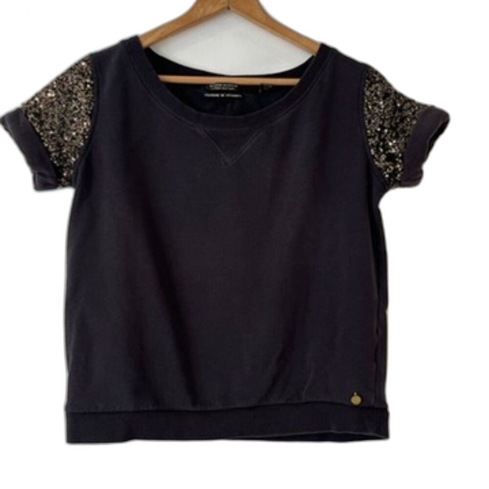 Maison Scotch & Soda Black Sweatshirt Short Sleeves Sequins Back Buttons Size 1 - Picture 2 of 13